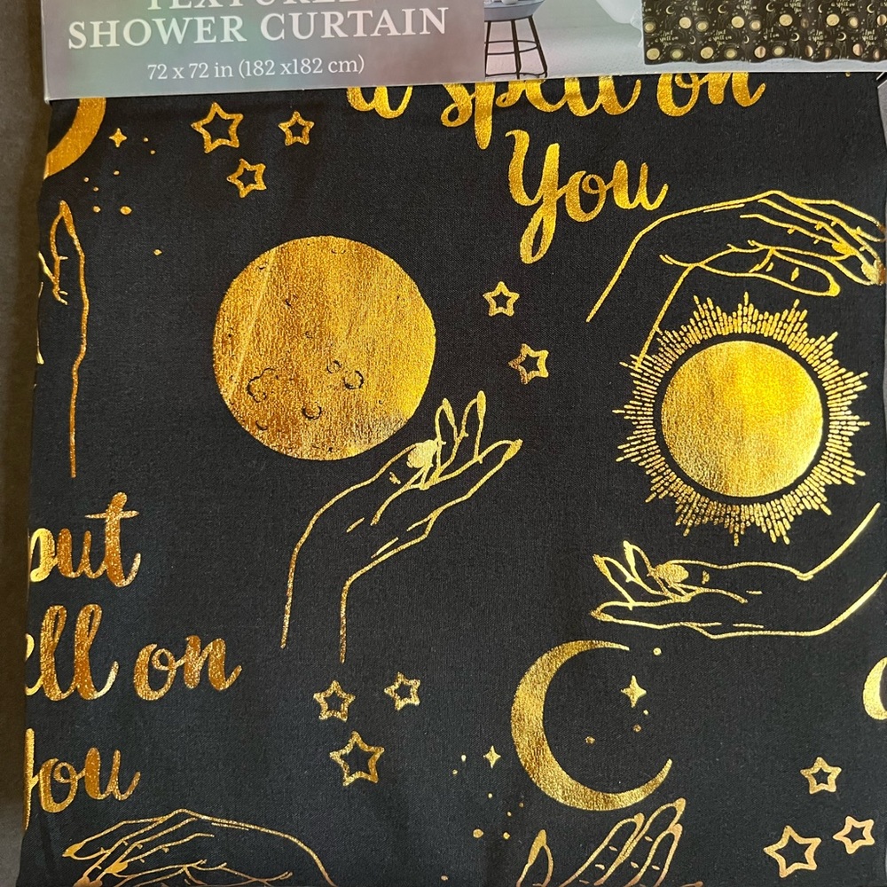 Halloween Black Fabric Shower Curtain Metallic Gold Moon Stars Sun I Put Spell
